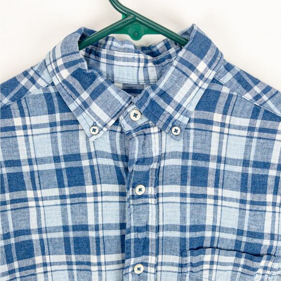 Cremieux Linen Blend Shirt Men's Small Button-Up Short Sleeve Blue Plaid - Picture 2 of 12